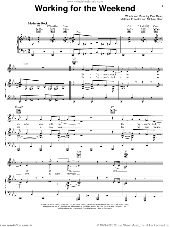 Working For The Weekend sheet music for voice, piano or guitar by Loverboy, Matthew Frenette, Michael Reno and Paul Dean, intermediate skill level