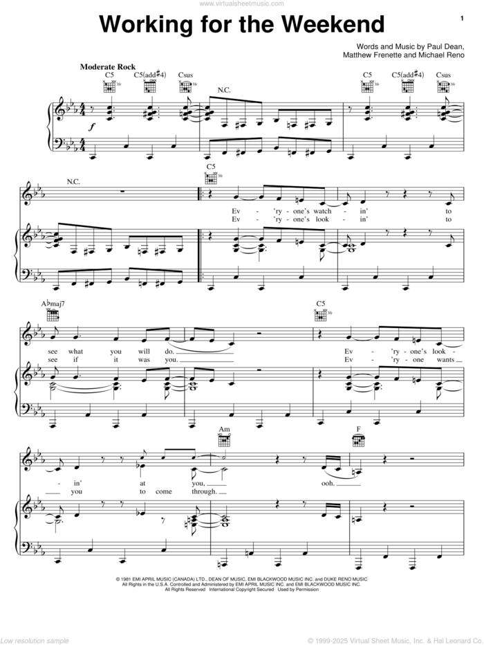 Working For The Weekend sheet music for voice, piano or guitar by Loverboy, Matthew Frenette, Michael Reno and Paul Dean, intermediate skill level