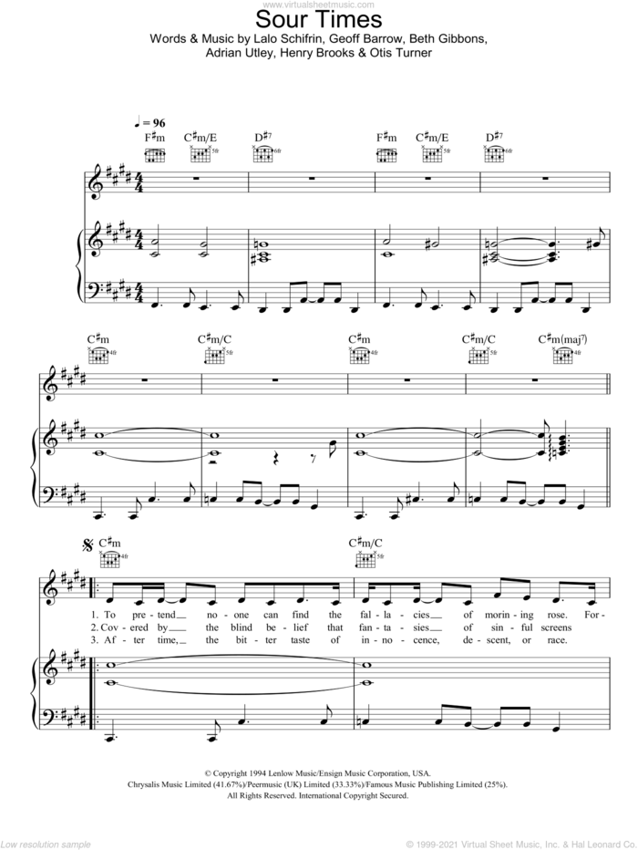 Sour Times sheet music for voice, piano or guitar by Portishead, Adrian Utley, Beth Gibbons, Geoff Barrow, Henry Brooks, Lalo Schifrin and Otis Turner, intermediate skill level