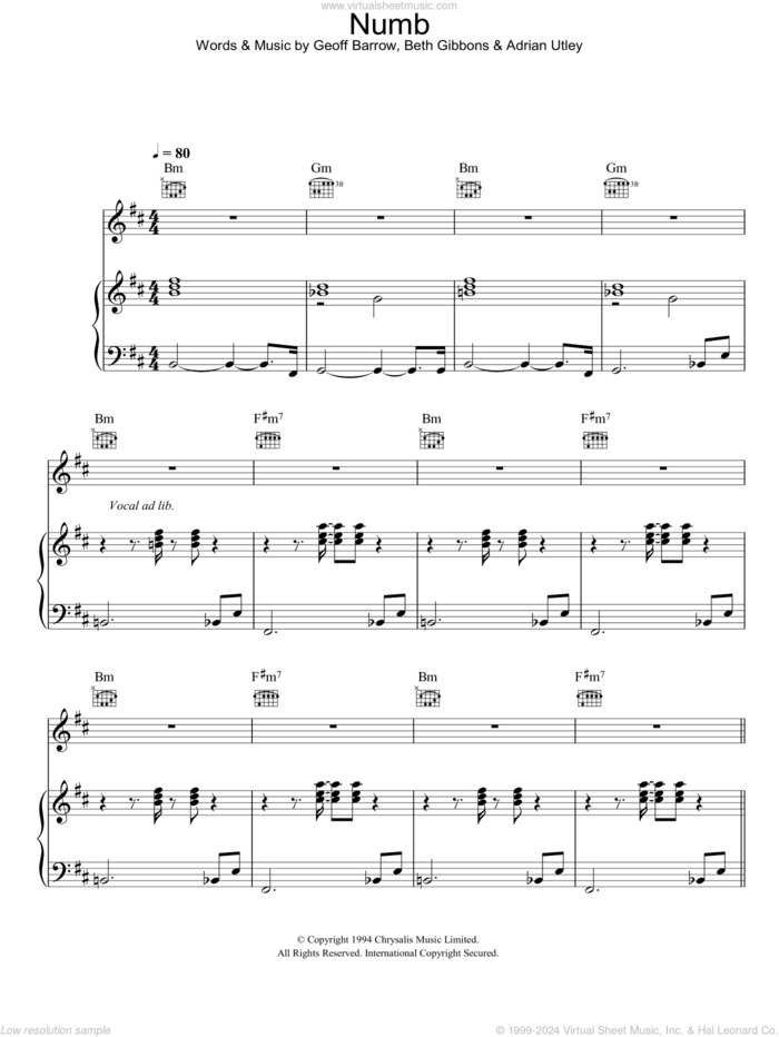 Numb sheet music for voice, piano or guitar by Portishead, Adrian Utley, Beth Gibbons and Geoff Barrow, intermediate skill level