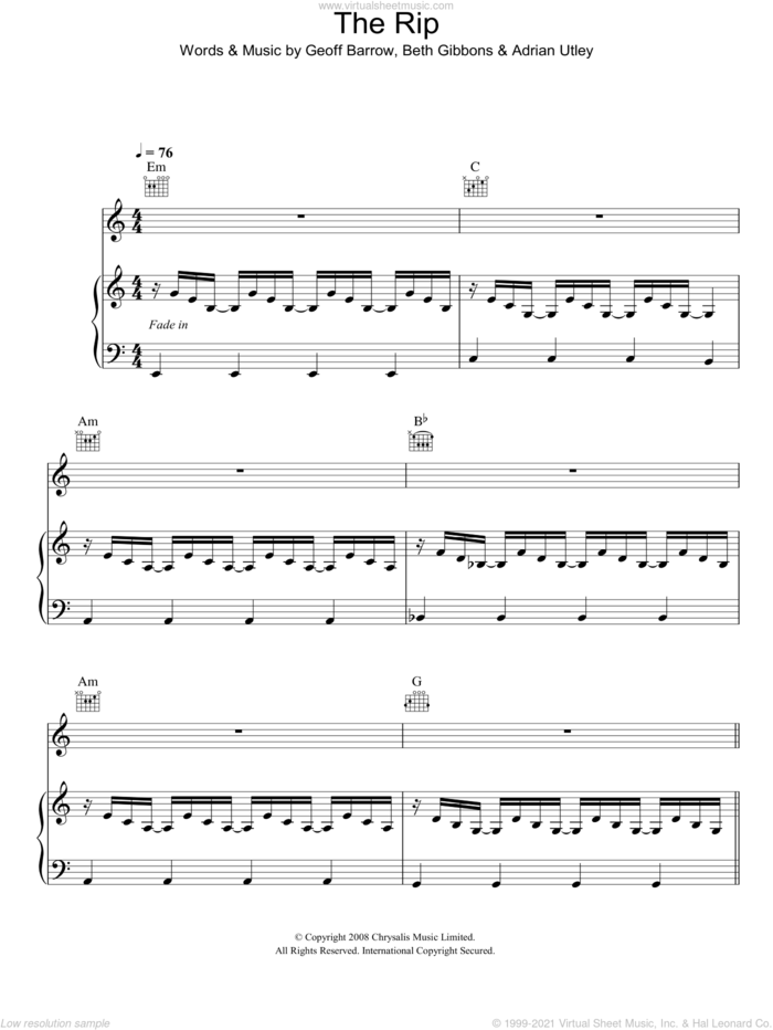 The Rip sheet music for voice, piano or guitar by Portishead, Adrian Utley, Beth Gibbons and Geoff Barrow, intermediate skill level