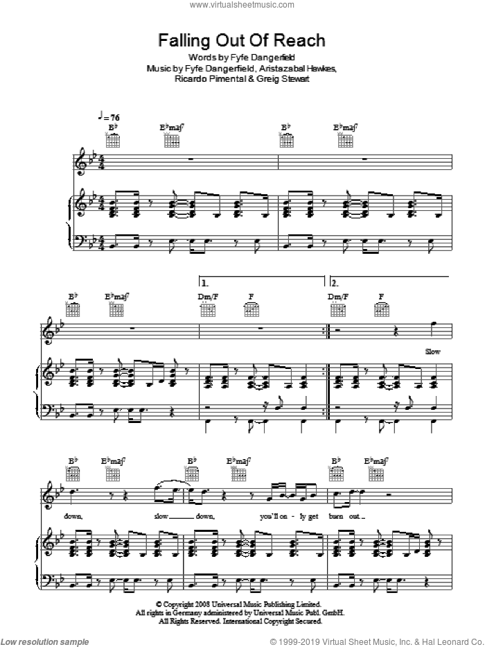 Falling Out Of Reach sheet music for voice, piano or guitar by Guillemots, Aristazabal Hawkes, Fyfe Dangerfield, Greig Stewart and Ricardo Pimental, intermediate skill level