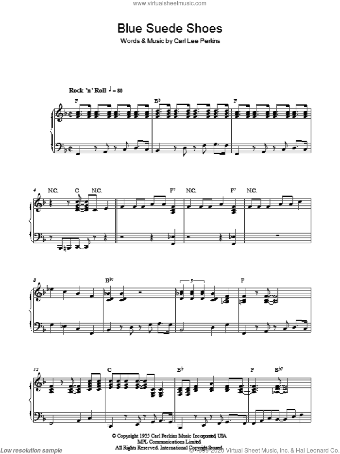 Blue Suede Shoes sheet music for piano solo by Elvis Presley and Carl Perkins, intermediate skill level