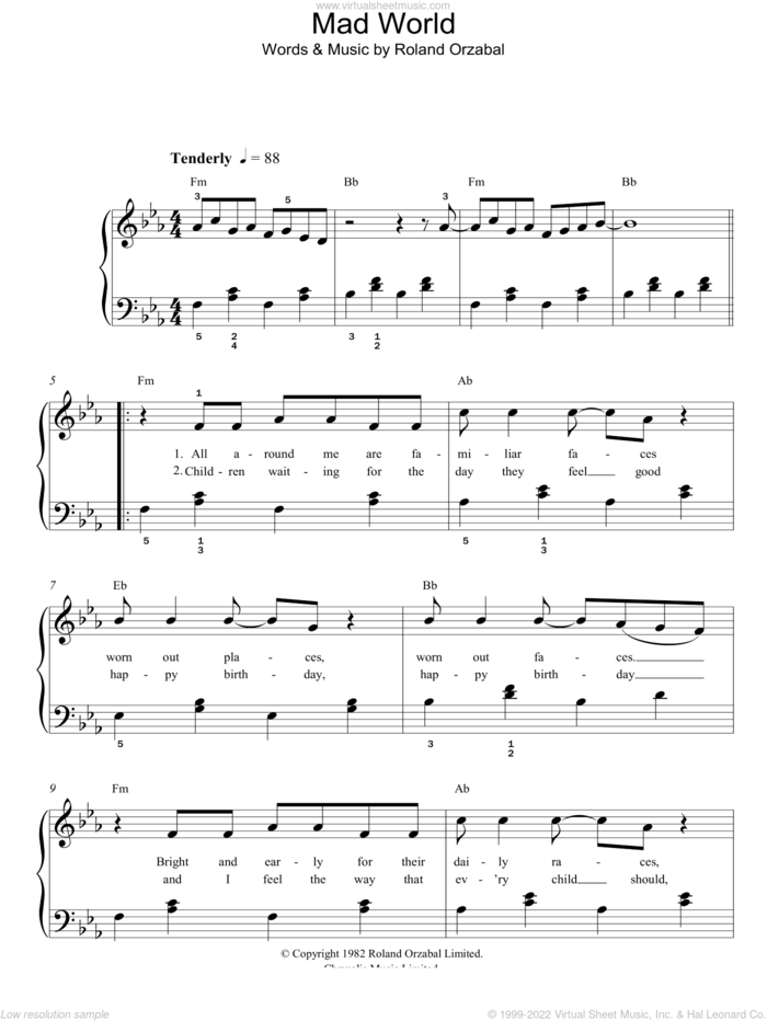 Mad World, (easy) sheet music for piano solo by Gary Jules, Tears For Fears and Roland Orzabal, easy skill level