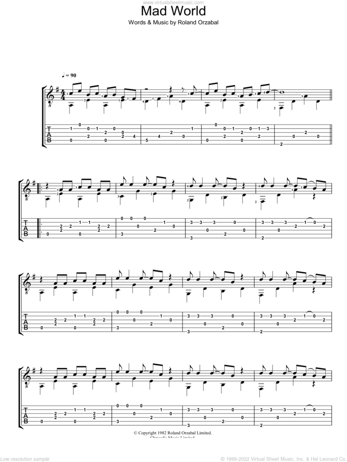 Mad World sheet music for guitar (tablature) by Gary Jules, Michael Andrews and Roland Orzabal, intermediate skill level
