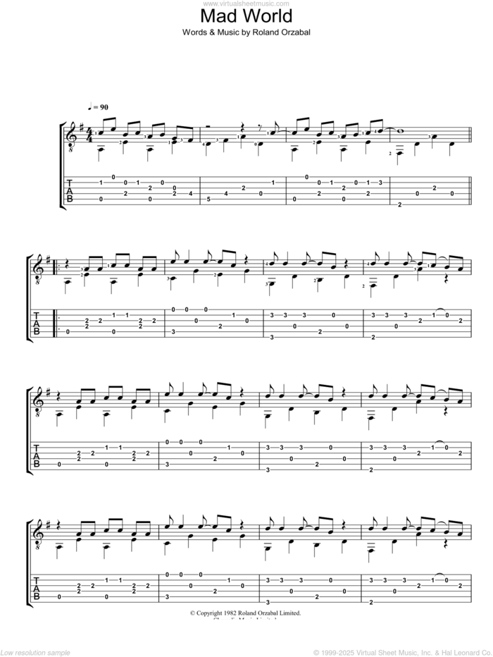 Mad World sheet music for guitar (tablature) by Gary Jules, Michael Andrews and Roland Orzabal, intermediate skill level