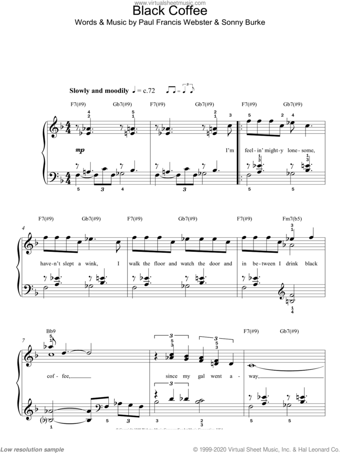 Black Coffee, (easy) sheet music for piano solo by Sarah Vaughan, Paul Francis Webster and Sonny Burke, easy skill level