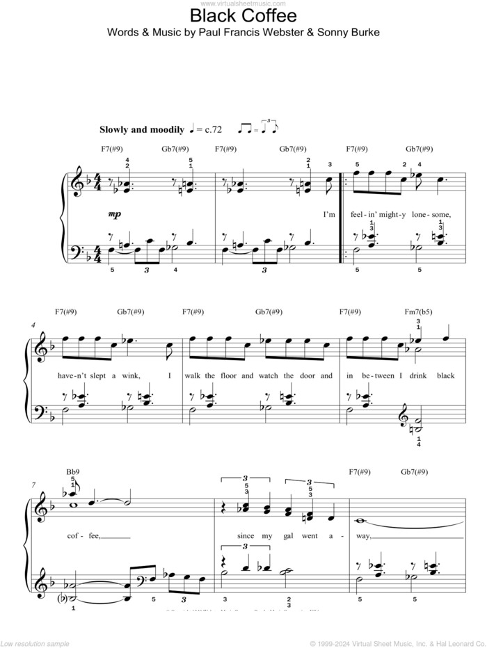 Black Coffee, (easy) sheet music for piano solo by Sarah Vaughan, Paul Francis Webster and Sonny Burke, easy skill level