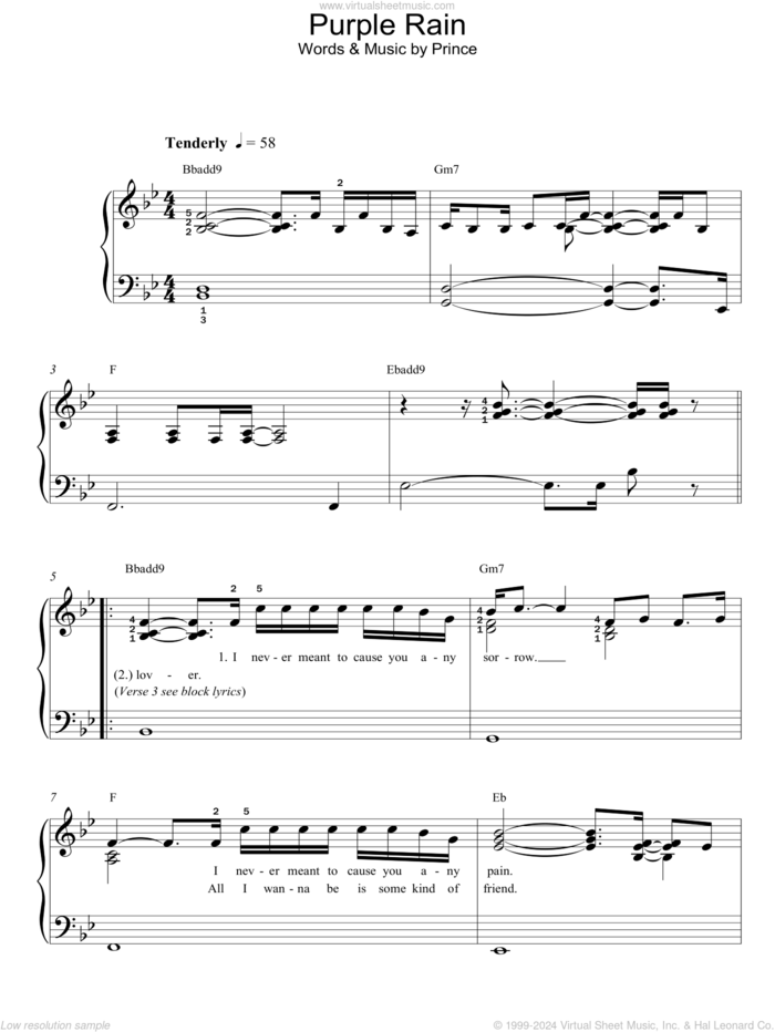 Purple Rain sheet music for piano solo by Prince and Prince & The Revolution, easy skill level