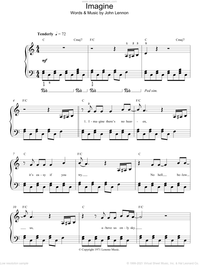 Imagine, (easy) sheet music for piano solo by John Lennon, easy skill level
