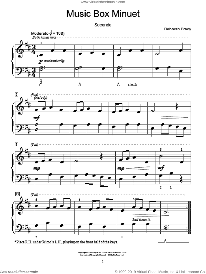Music Box Minuet sheet music for piano four hands by Deborah Brady and Miscellaneous, intermediate skill level