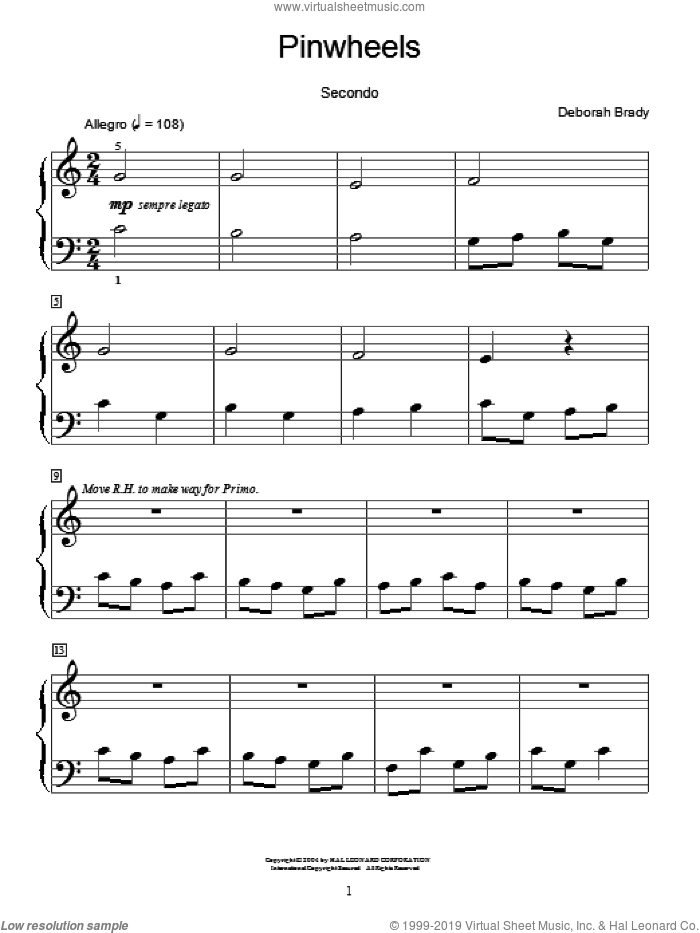 Pinwheels sheet music for piano four hands by Deborah Brady and Miscellaneous, intermediate skill level