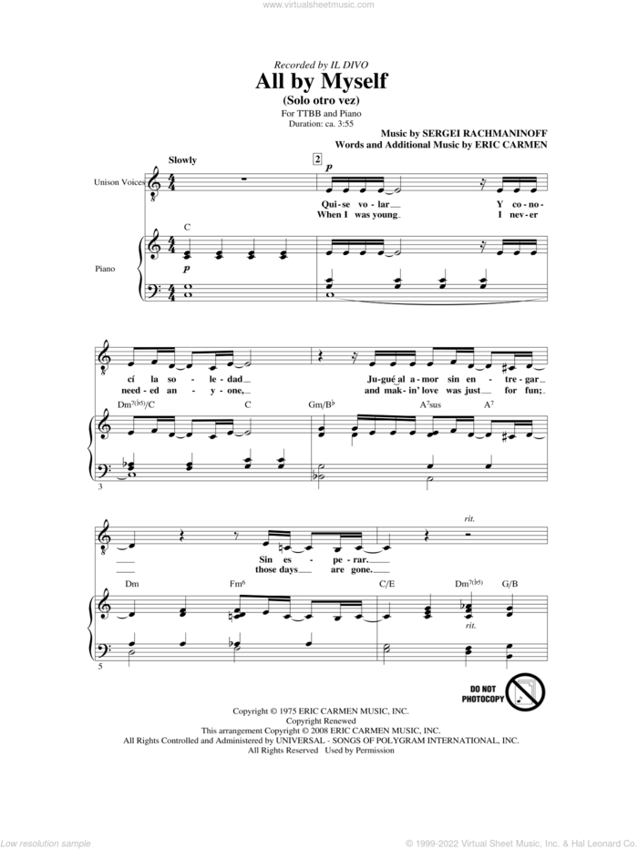 All By Myself sheet music for choir (TTBB: tenor, bass) by Il Divo, Eric Carmen and Serjeij Rachmaninoff, intermediate skill level