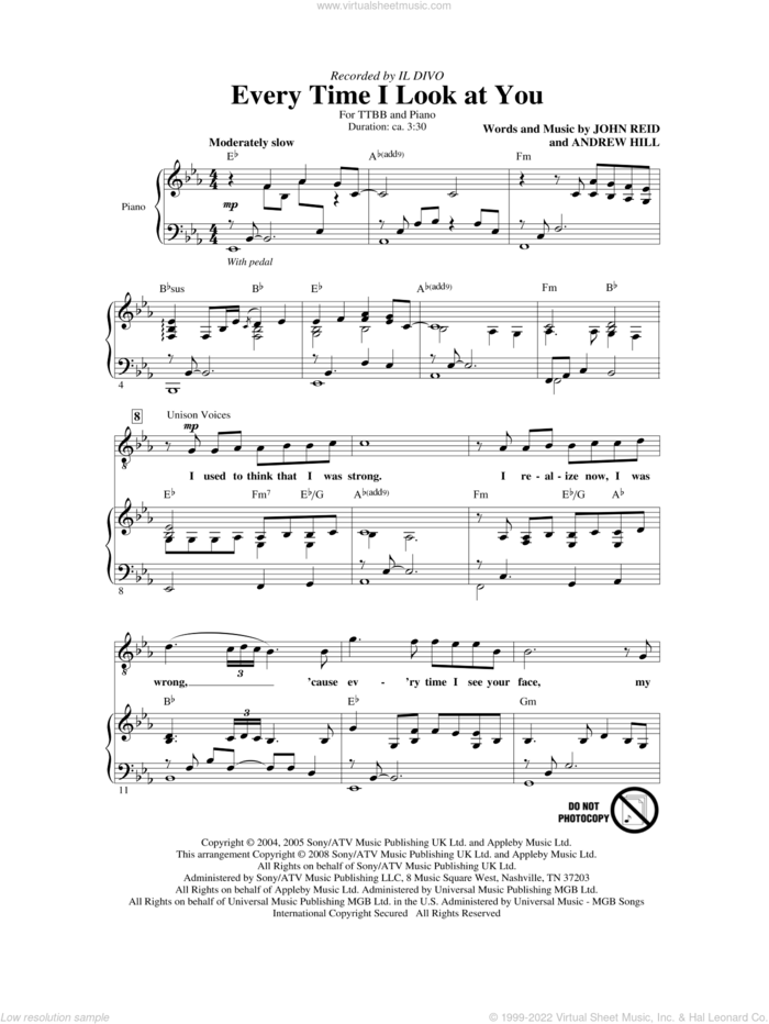 Every Time I Look At You sheet music for choir (TTBB: tenor, bass) by Il Divo, Andrew Hill and John Reid, intermediate skill level
