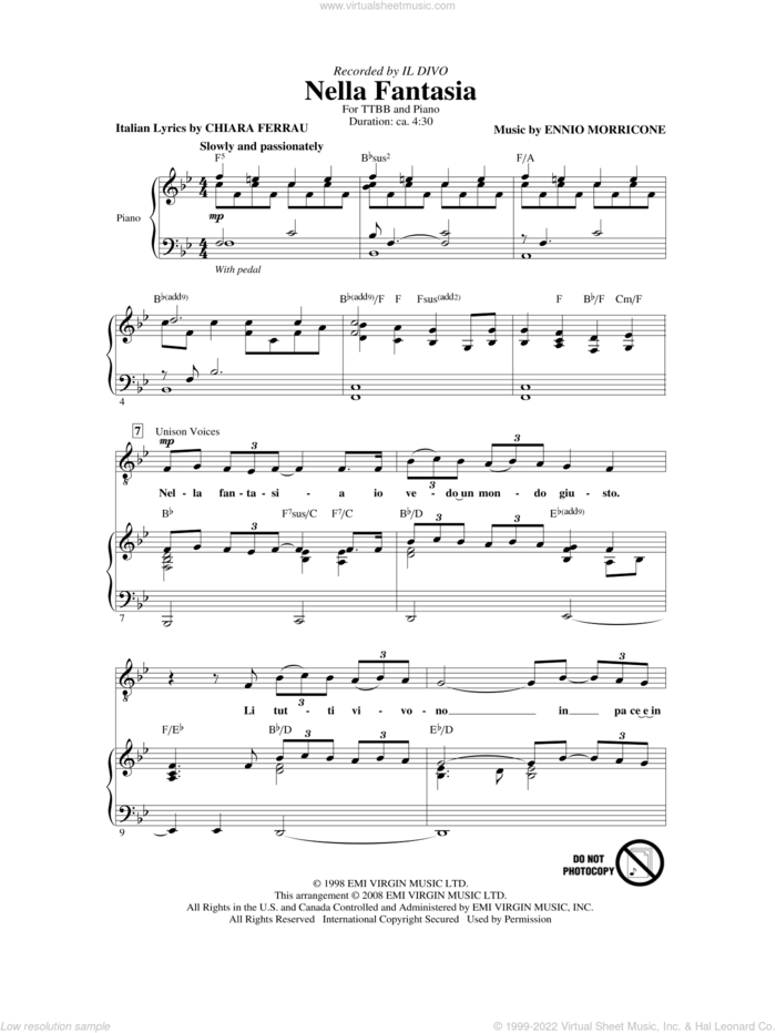 Nella Fantasia (In My Fantasy) sheet music for choir (TTBB: tenor, bass) by Il Divo, Chiara Ferrau and Ennio Morricone, intermediate skill level