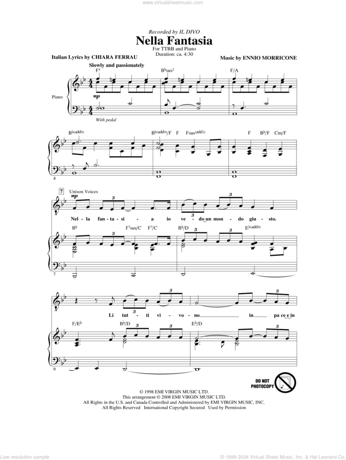 Nella Fantasia (In My Fantasy) sheet music for choir (TTBB: tenor, bass) by Il Divo, Chiara Ferrau and Ennio Morricone, intermediate skill level