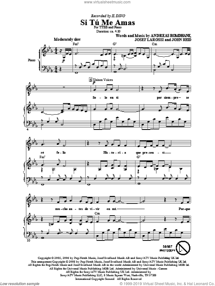 Si Tu Me Amas sheet music for choir (TTBB: tenor, bass) by Il Divo, Andreas Romdhane, John Reid and Josef Larossi, intermediate skill level