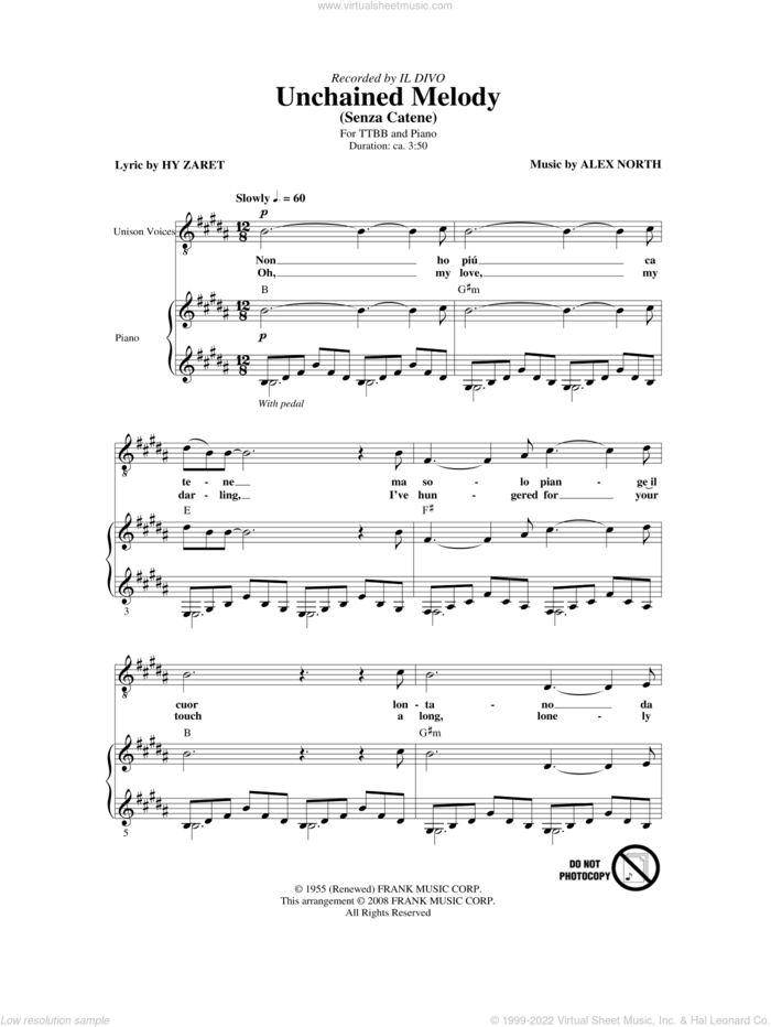 Unchained Melody sheet music for choir (TTBB: tenor, bass) by Il Divo, Alex North and Hy Zaret, wedding score, intermediate skill level