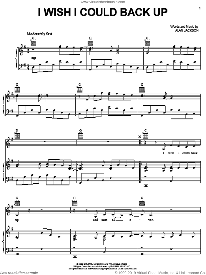 I Wish I Could Back Up sheet music for voice, piano or guitar by Alan Jackson, intermediate skill level