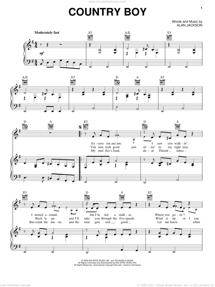 Country Boy sheet music for voice, piano or guitar by Alan Jackson, intermediate skill level