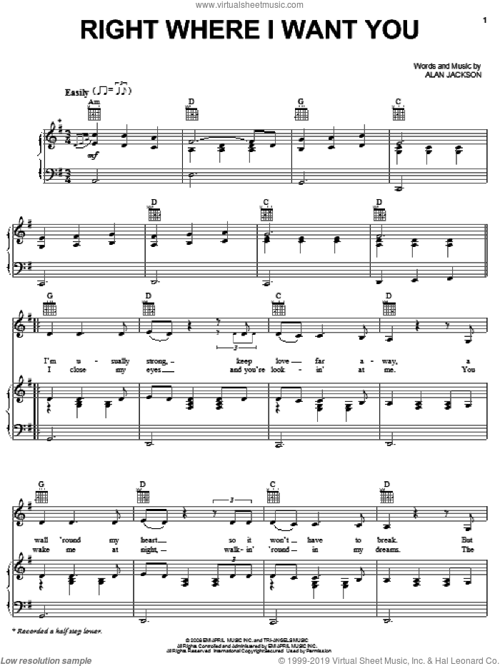 Right Where I Want You sheet music for voice, piano or guitar by Alan Jackson, intermediate skill level