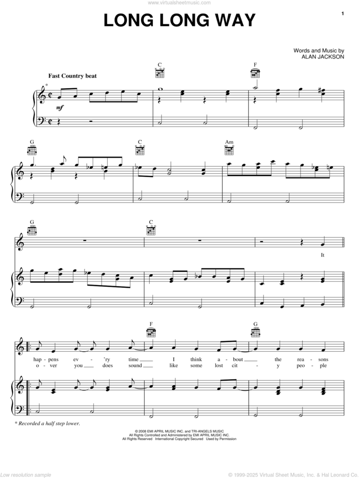 Long Long Way sheet music for voice, piano or guitar by Alan Jackson, intermediate skill level