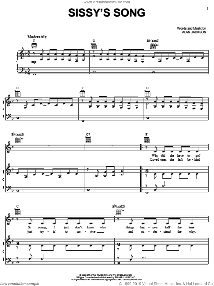 Sissy's Song sheet music for voice, piano or guitar by Alan Jackson, intermediate skill level