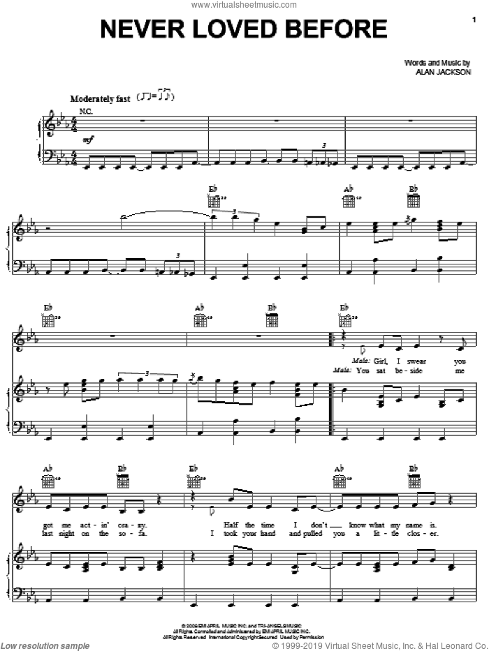 Never Loved Before sheet music for voice, piano or guitar by Alan Jackson, intermediate skill level