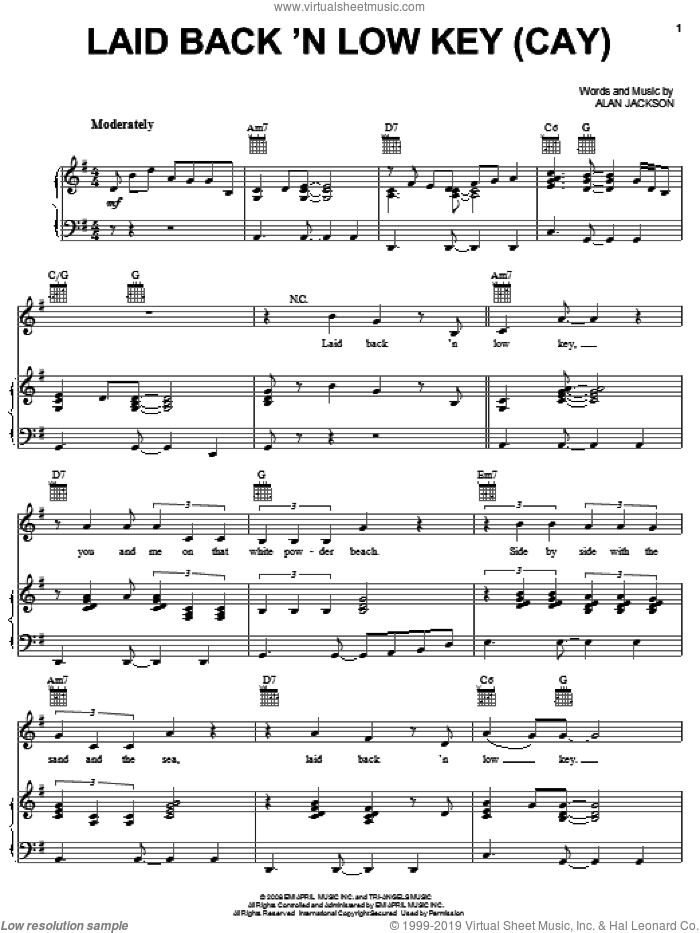 Laid Back 'N Low Key (Cay) sheet music for voice, piano or guitar by Alan Jackson, intermediate skill level