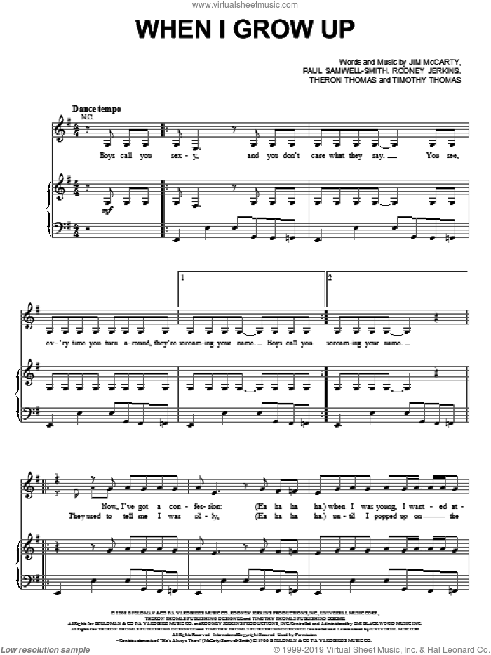 When I Grow Up sheet music for voice, piano or guitar by Timmy Thomas, The Pussycat Dolls, James McCarty, Paul Samwell-Smith, Rodney Jerkins and Theron Thomas, intermediate skill level