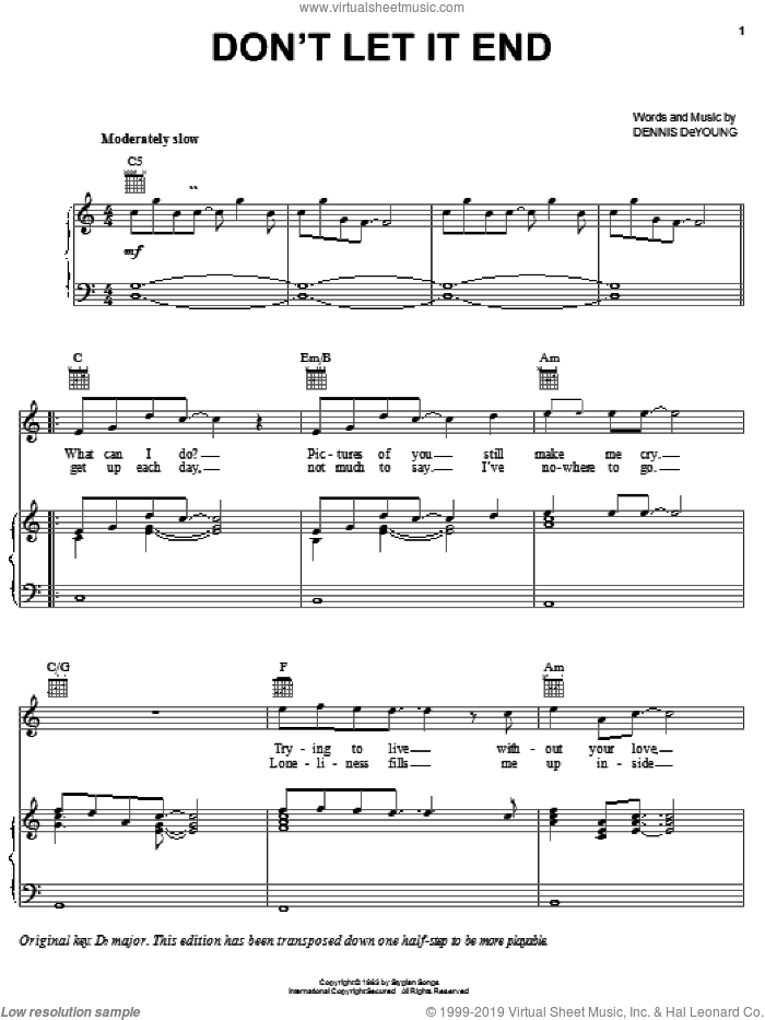 Don't Let It End sheet music for voice, piano or guitar by Styx and Dennis DeYoung, intermediate skill level