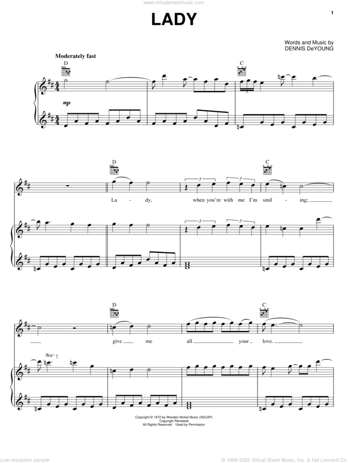Lady sheet music for voice, piano or guitar by Styx and Dennis DeYoung, intermediate skill level
