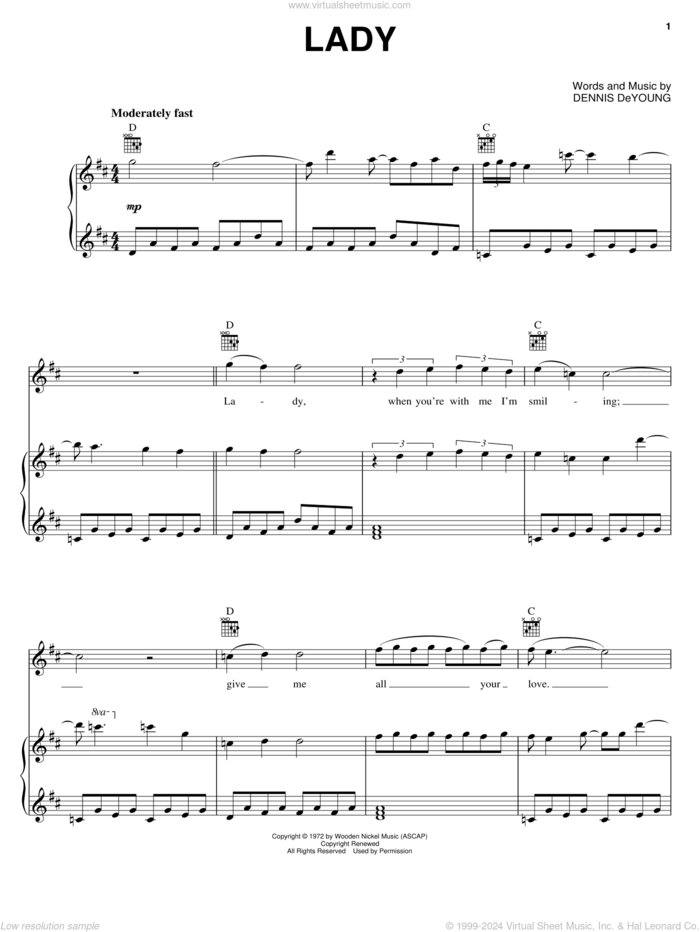 Lady sheet music for voice, piano or guitar by Styx and Dennis DeYoung, intermediate skill level