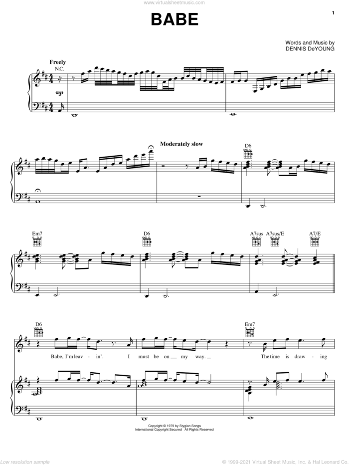 Babe sheet music for voice, piano or guitar by Styx and Dennis DeYoung, intermediate skill level