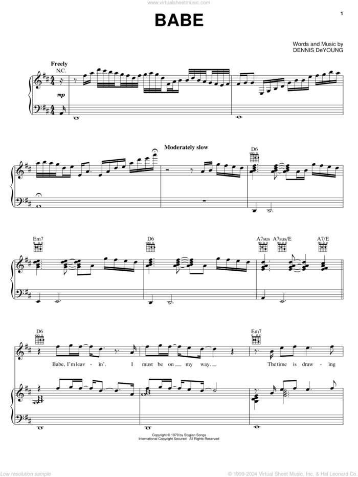 Babe sheet music for voice, piano or guitar by Styx and Dennis DeYoung, intermediate skill level