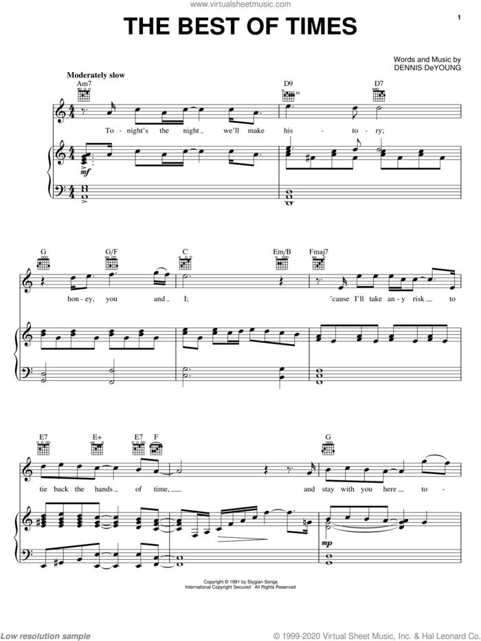 The Best Of Times sheet music for voice, piano or guitar by Styx and Dennis DeYoung, intermediate skill level