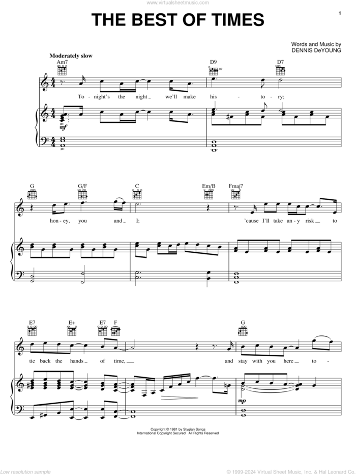 The Best Of Times sheet music for voice, piano or guitar by Styx and Dennis DeYoung, intermediate skill level