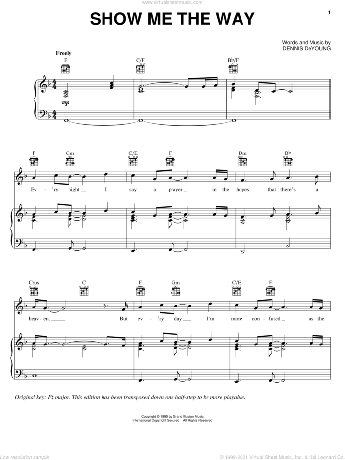 Show Me The Way sheet music for voice, piano or guitar by Styx and Dennis DeYoung, intermediate skill level