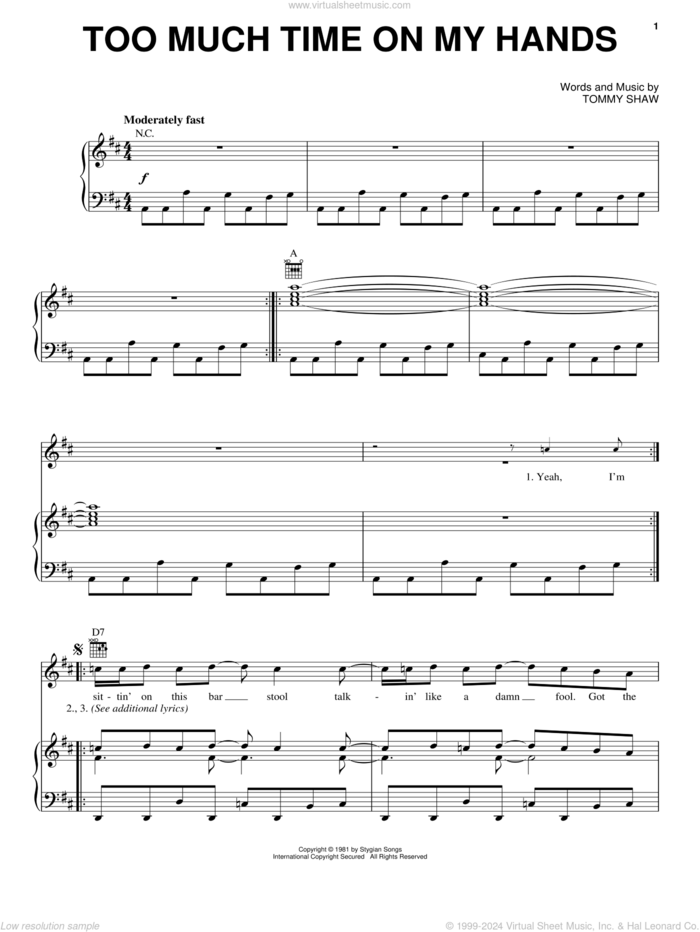 Too Much Time On My Hands sheet music for voice, piano or guitar by Styx, Rock Of Ages (Musical) and Tommy Shaw, intermediate skill level