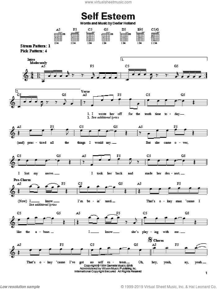 Self Esteem sheet music for guitar solo (chords) by The Offspring and Dexter Holland, easy guitar (chords)