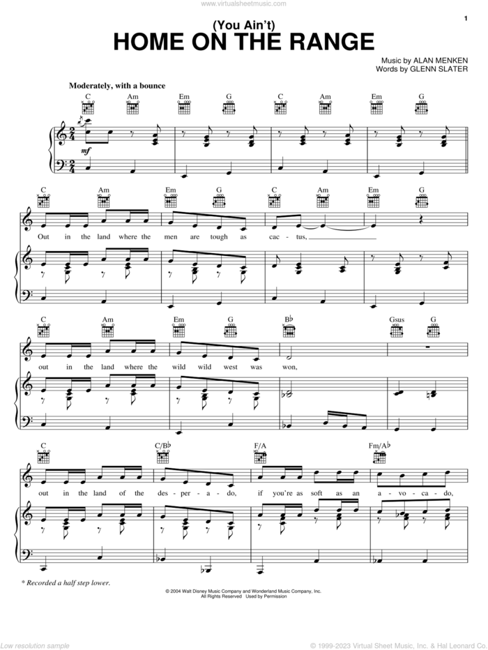 (You Ain't) Home On The Range - Main Title sheet music for voice, piano or guitar by Glenn Slater, Home On The Range (Movie) and Alan Menken, intermediate skill level
