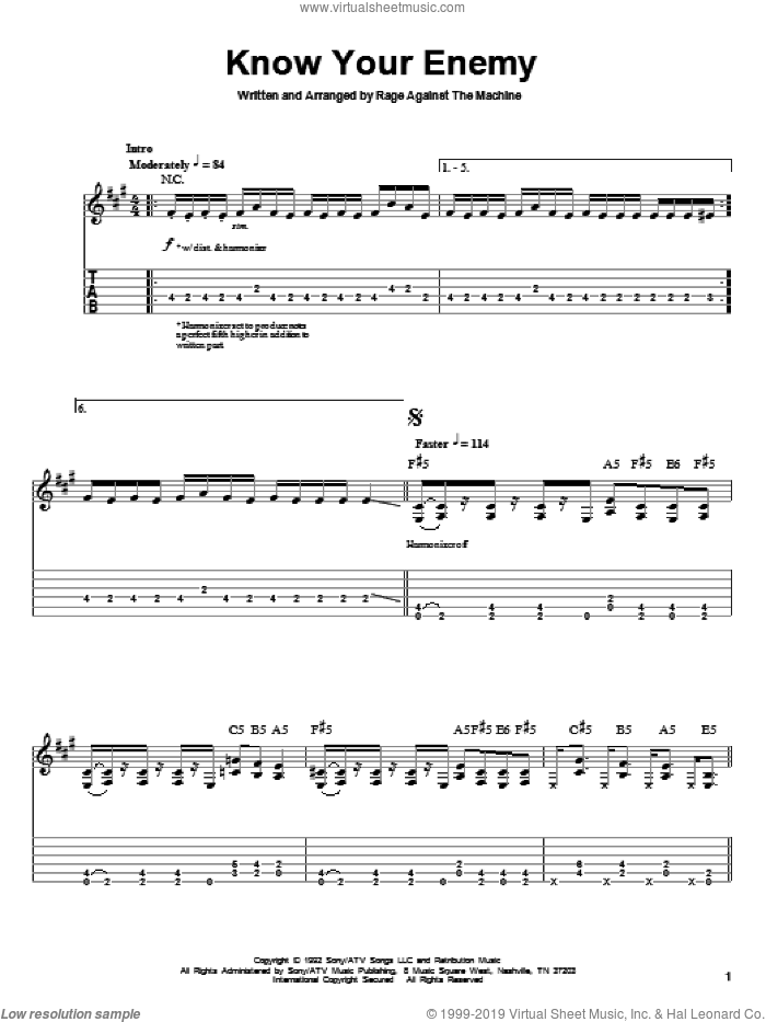 Know Your Enemy sheet music for guitar (tablature, play-along) by Rage Against The Machine, intermediate skill level