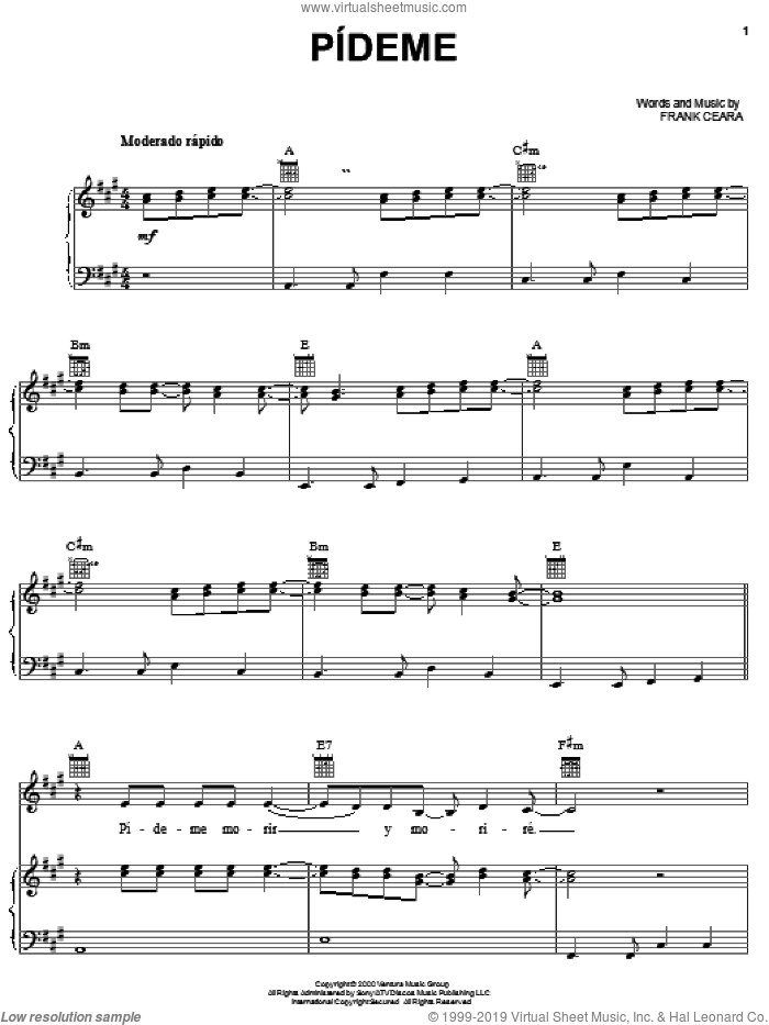 Pideme sheet music for voice, piano or guitar by Milly Quezada and Frank Ceara, intermediate skill level