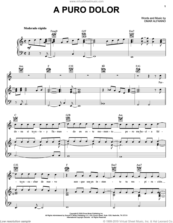 A Puro Dolor sheet music for voice, piano or guitar by Omar Alfanno, wedding score, intermediate skill level
