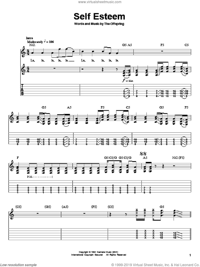 Self Esteem sheet music for guitar (tablature, play-along) by The Offspring and Dexter Holland, intermediate skill level