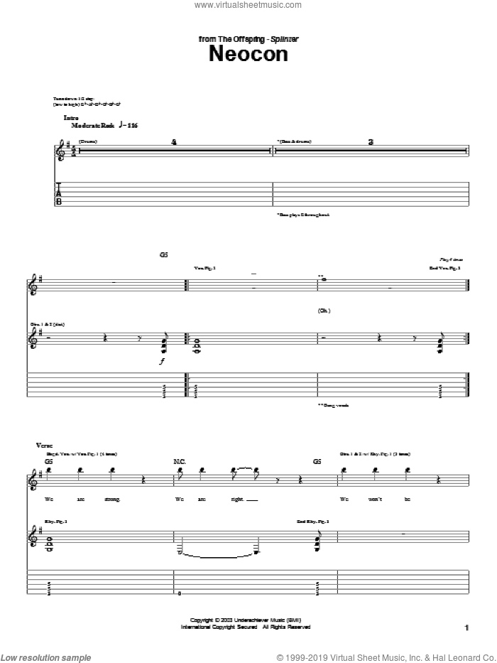 Neocon sheet music for guitar (tablature) by The Offspring, intermediate skill level