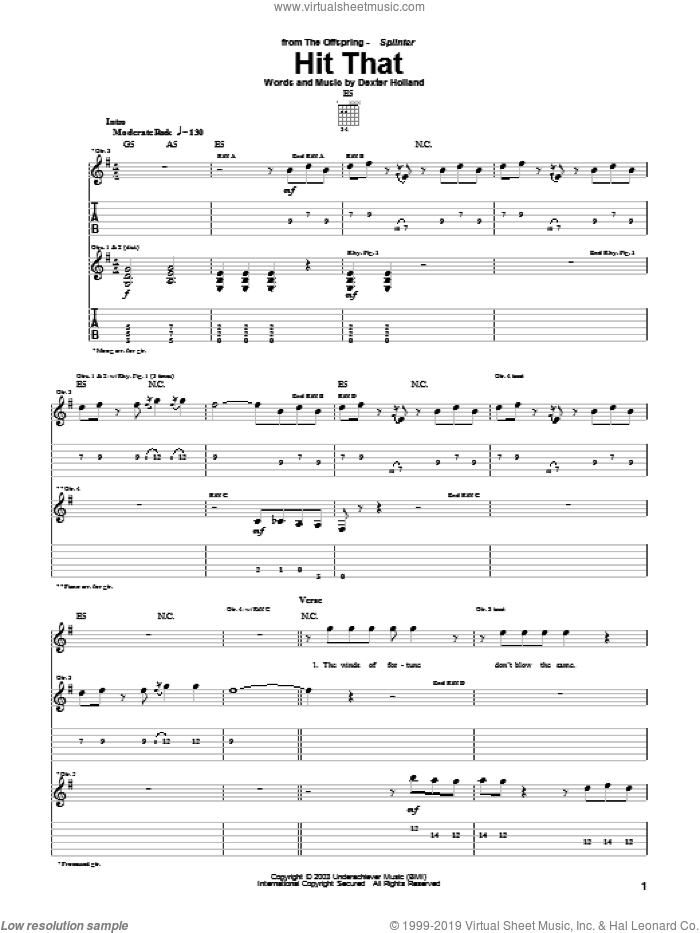 Hit That sheet music for guitar (tablature) by The Offspring and Dexter Holland, intermediate skill level