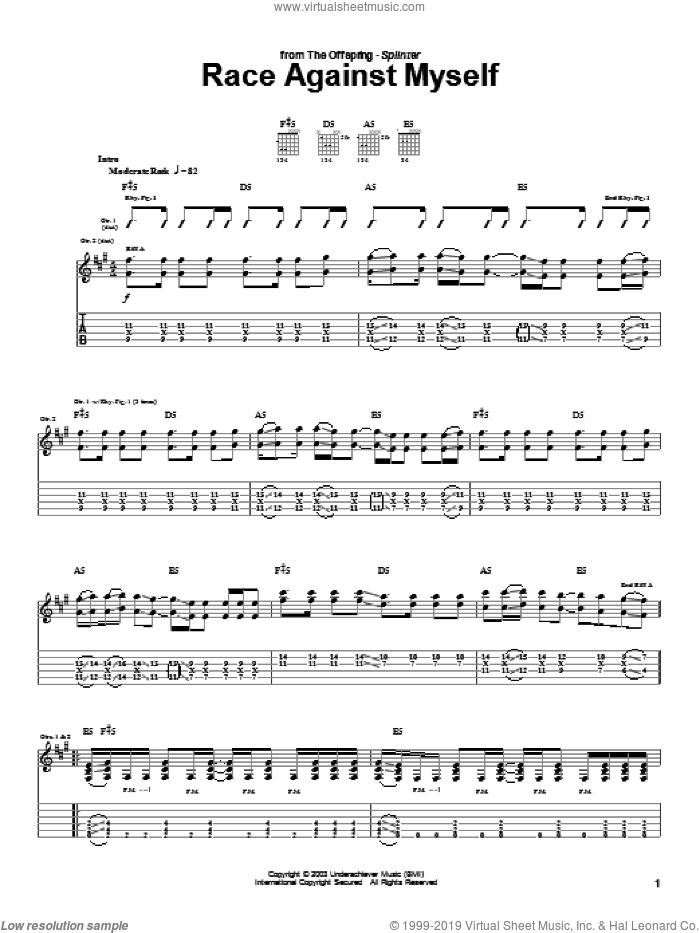 Race Against Myself sheet music for guitar (tablature) by The Offspring, intermediate skill level