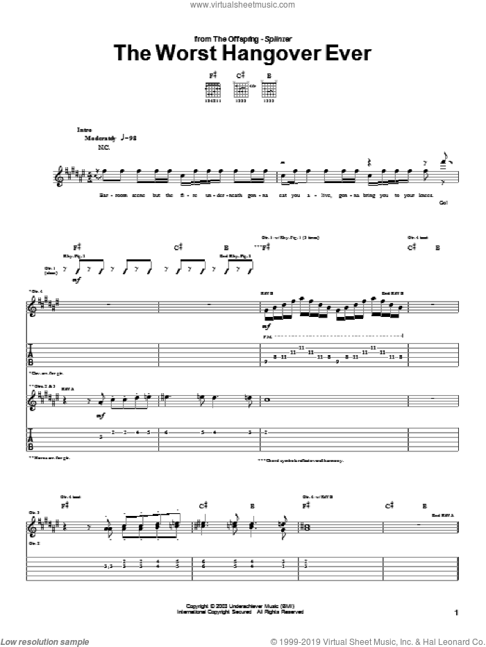The Worst Hangover Ever sheet music for guitar (tablature) by The Offspring, intermediate skill level