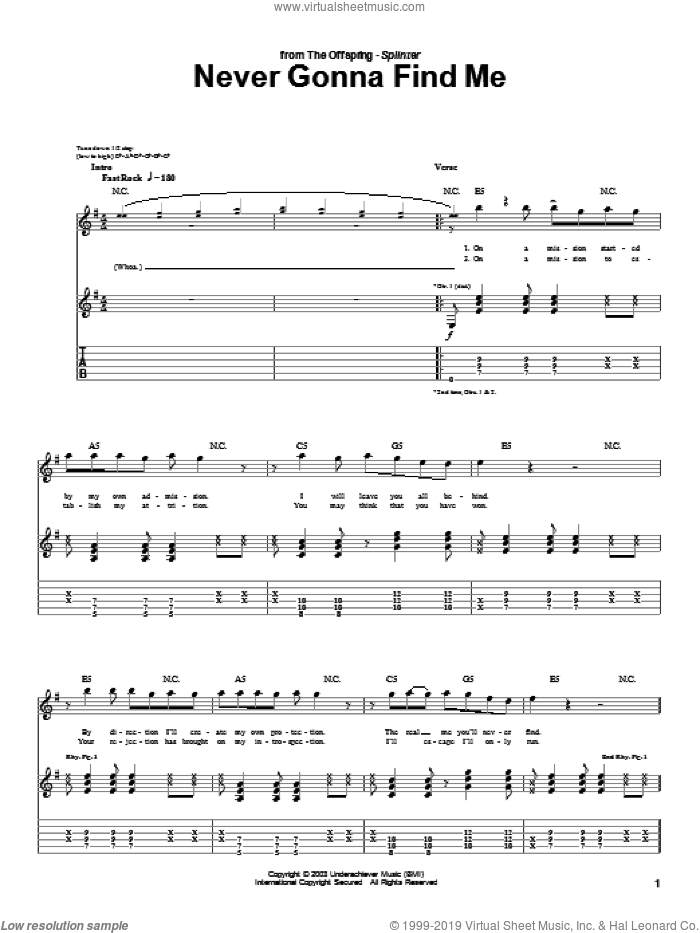 Never Gonna Find Me sheet music for guitar (tablature) by The Offspring, intermediate skill level